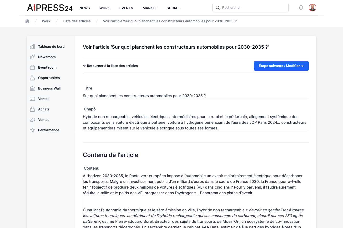 La section Acquisition sur la page d'un article
